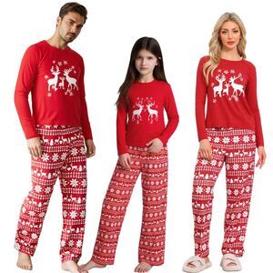 cheibear Christmas Deer Loungewear Long Sleeves 2 Piece Pajama Sets Red